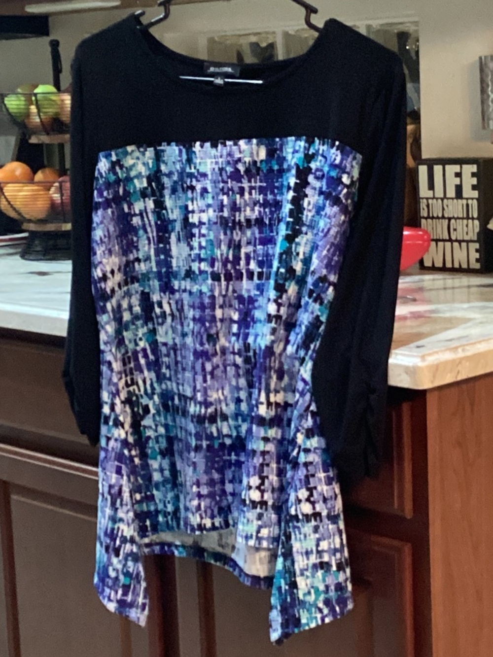 Notations Black Long-Sleeve Top with Blue & Purple Mosaic Panel